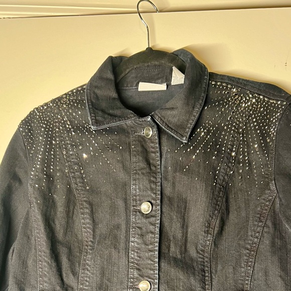 Chicos platinum stretch denim jacket with rhinestone detail on shoulders - Picture 3 of 4